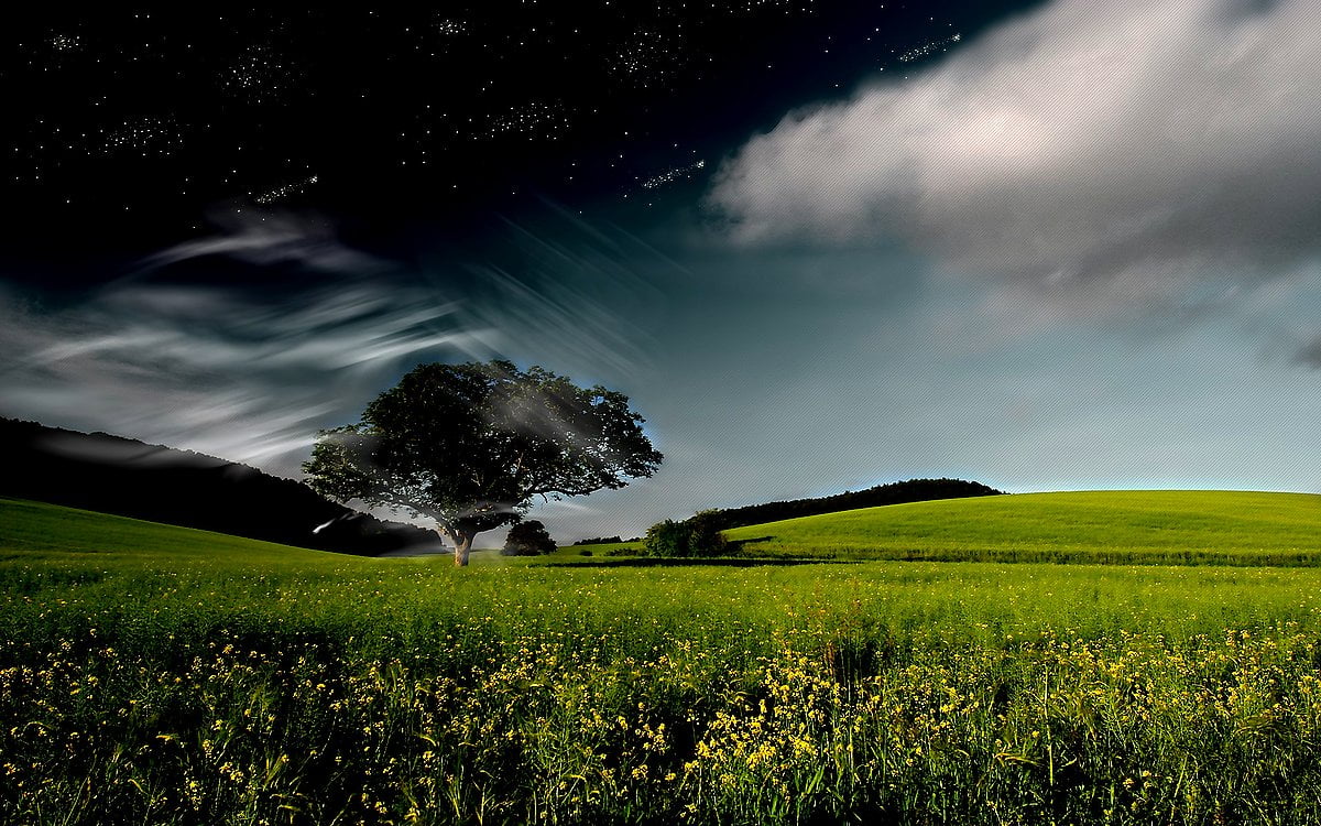 Stort grönt fält med moln i himlen — bakgrundsbilder