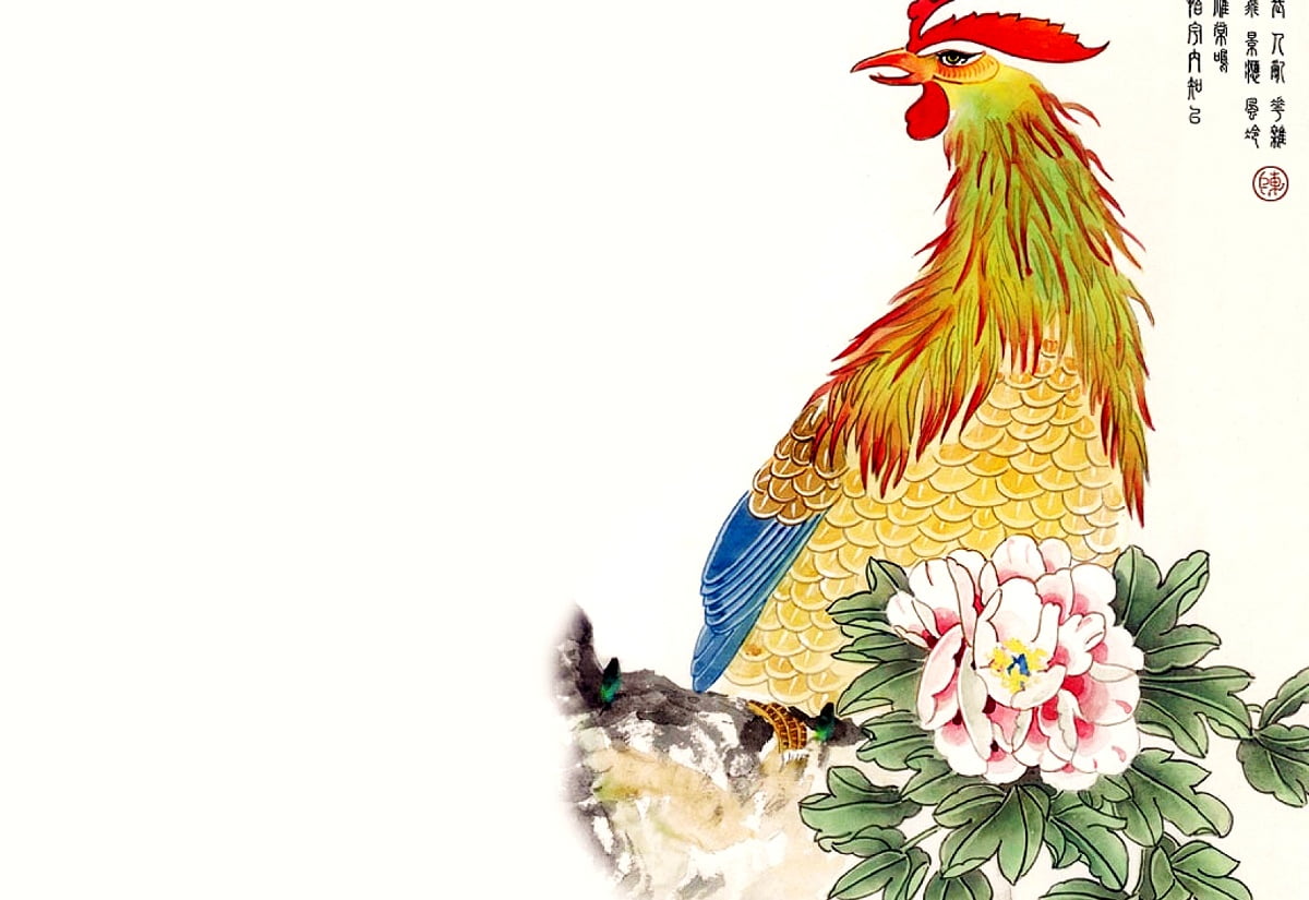 Kinesisk målning, kyckling, kinesisk konst, tupp, fågel - gratis bakgrund 1600x1100