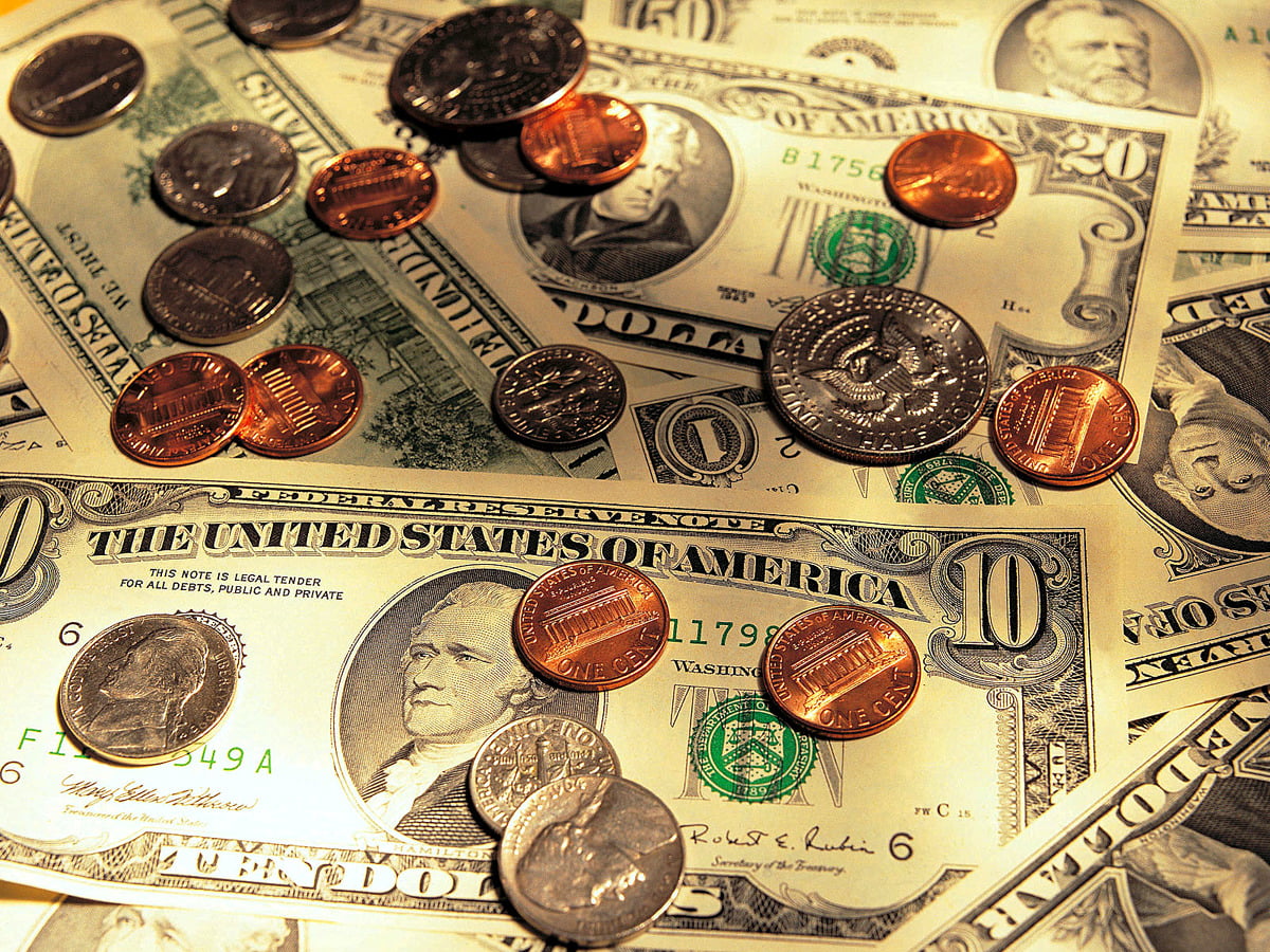 Pengar, valuta, sedel, mynt, dollar / gratis bakgrund