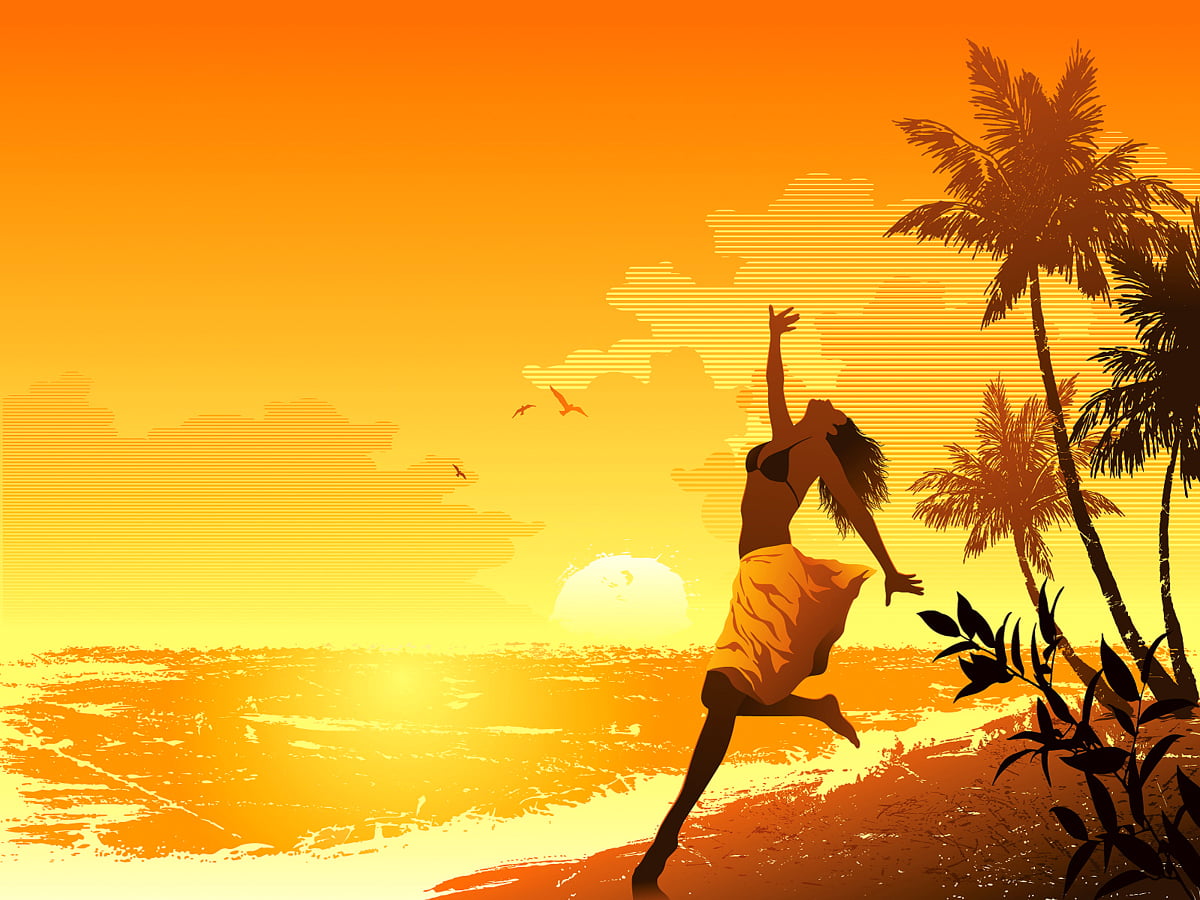 Man som står bredvid palmträdet framför solnedgången : bakgrund